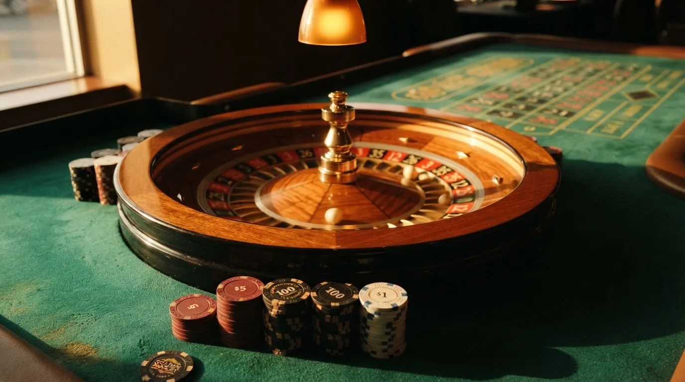 Roda de roleta e fichas sobre feltro verde, sob uma luz quente de fim de tarde — promoções de casino em portugal