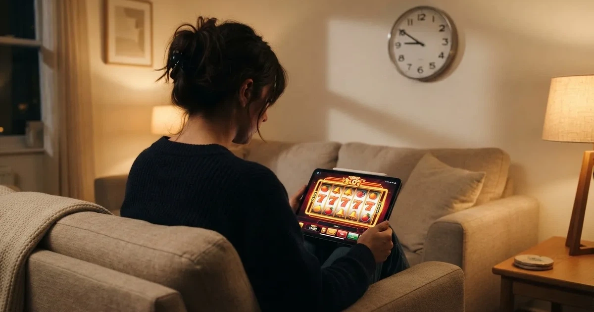 Pessoa num sofá a olhar pensativa para um tablet, com um relógio na parede atrás — promoções de casino em portugal