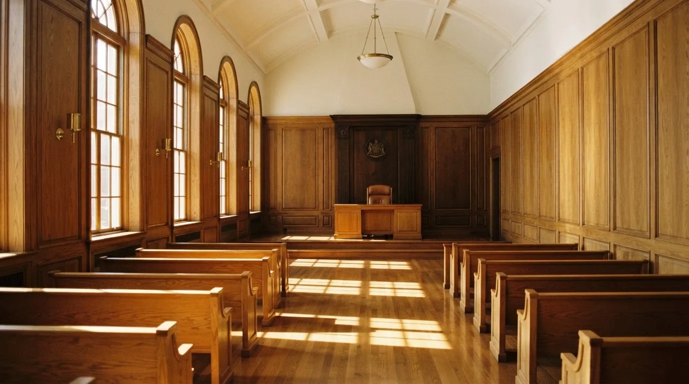 Sala de tribunal vazia com painéis de madeira, à luz da manhã — regras da roleta pt