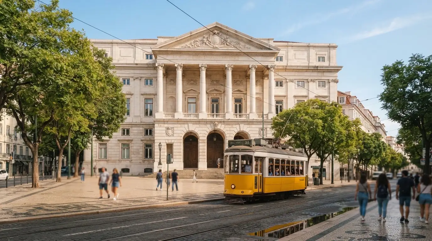 Edifício institucional de pedra com colunas junto a uma avenida lisboeta, céu limpo, elétrico amarelo ao longe, fotografia de rua.