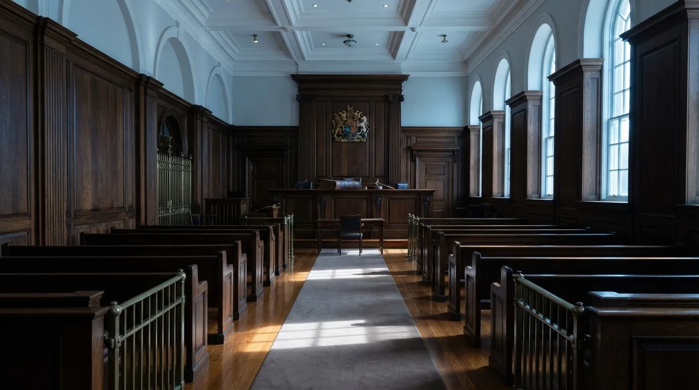 Sala de tribunal vazia com painéis de madeira, à luz da manhã — roleta americana em portugal
