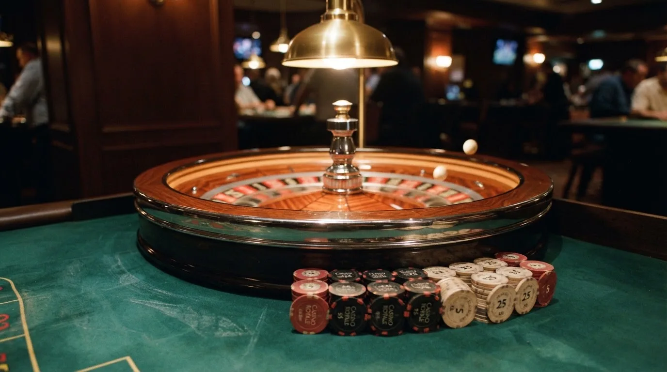 Roda de roleta e fichas sobre feltro verde, sob uma luz quente de fim de tarde — roleta casino em portugal