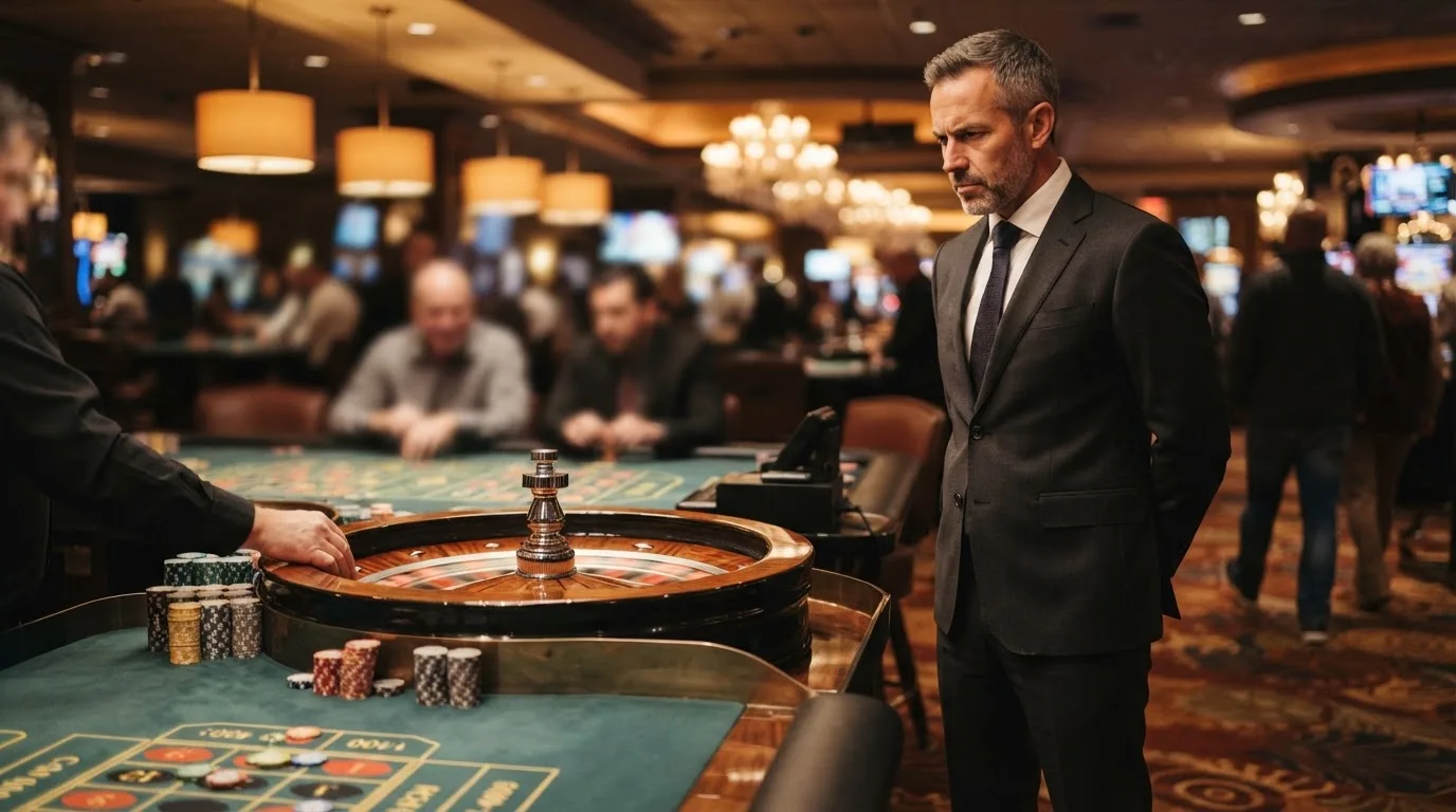 Fiscal de sala de casino de fato escuro a observar atentamente uma mesa de roleta, com jogadores desfocados ao fundo.