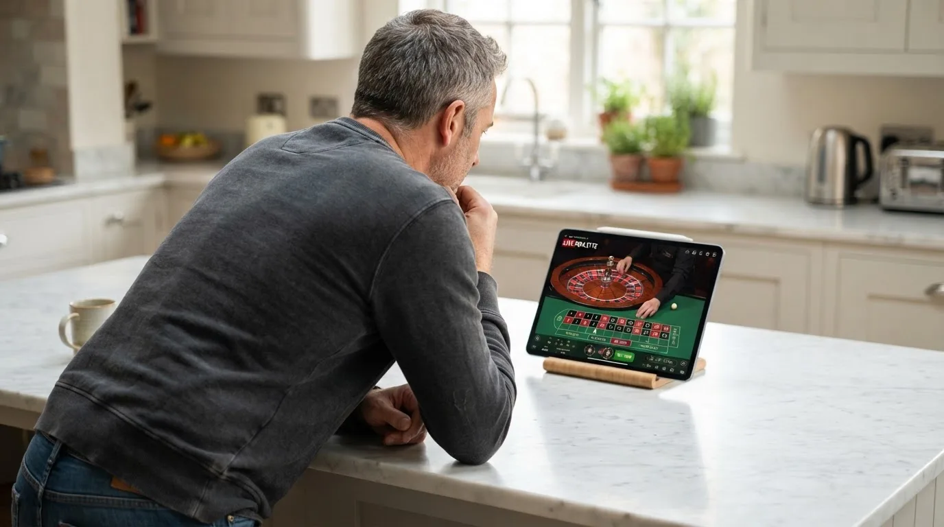 Jogador de meia-idade a ver uma transmissão de roleta num tablet, apoiado na bancada de uma cozinha moderna, com expressão atenta.