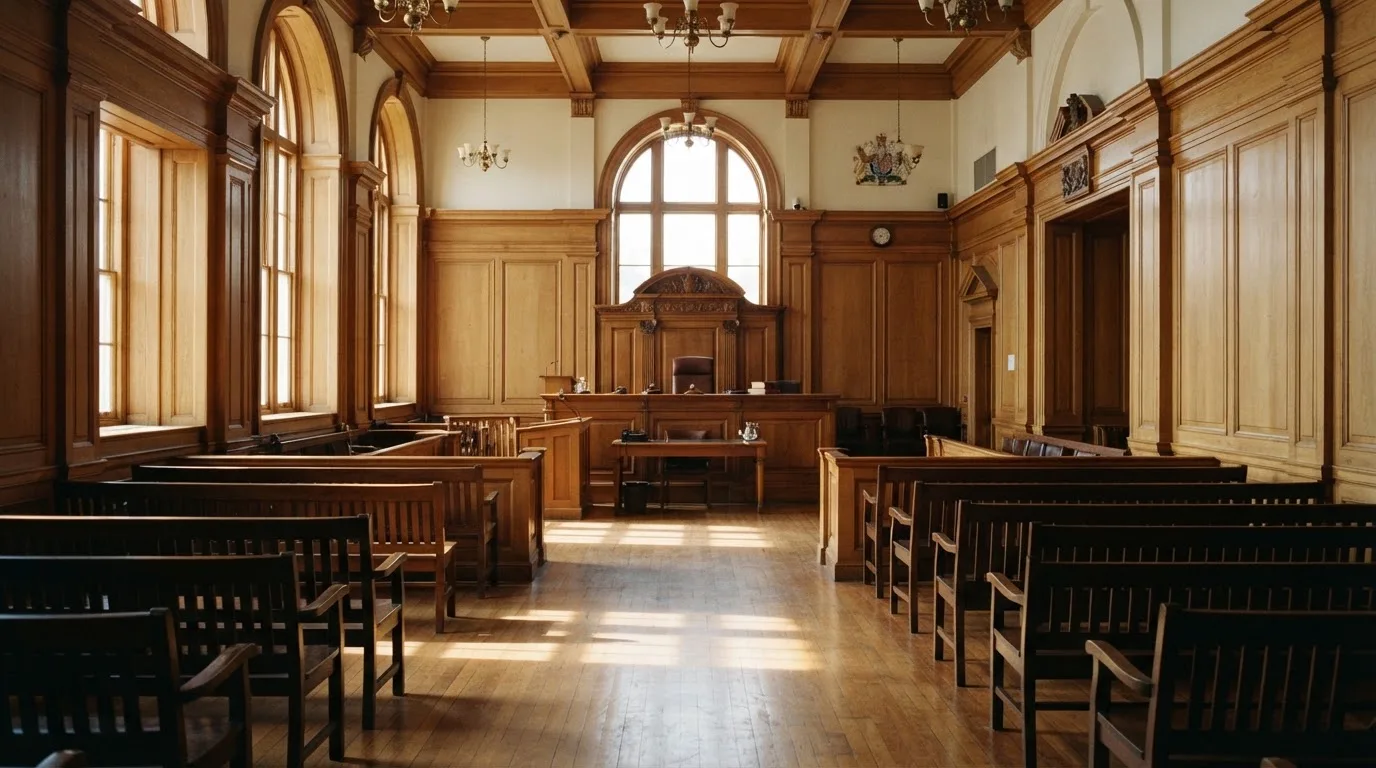 Sala de tribunal vazia com painéis de madeira, à luz da manhã — roleta francesa em portugal