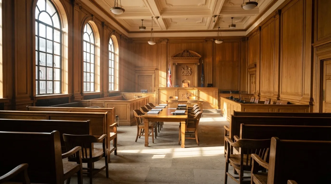 Sala de tribunal vazia com painéis de madeira, à luz da manhã — roleta grátis em portugal