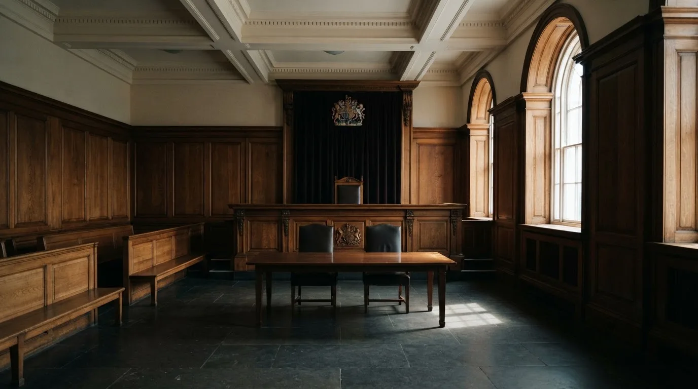 Sala de tribunal vazia com painéis de madeira, à luz da manhã — roleta online grátis pt