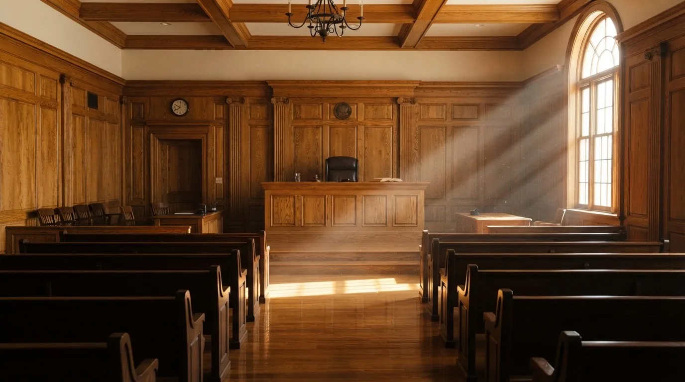 Sala de tribunal vazia com painéis de madeira, à luz da manhã — roleta online por dinheiro em portugal