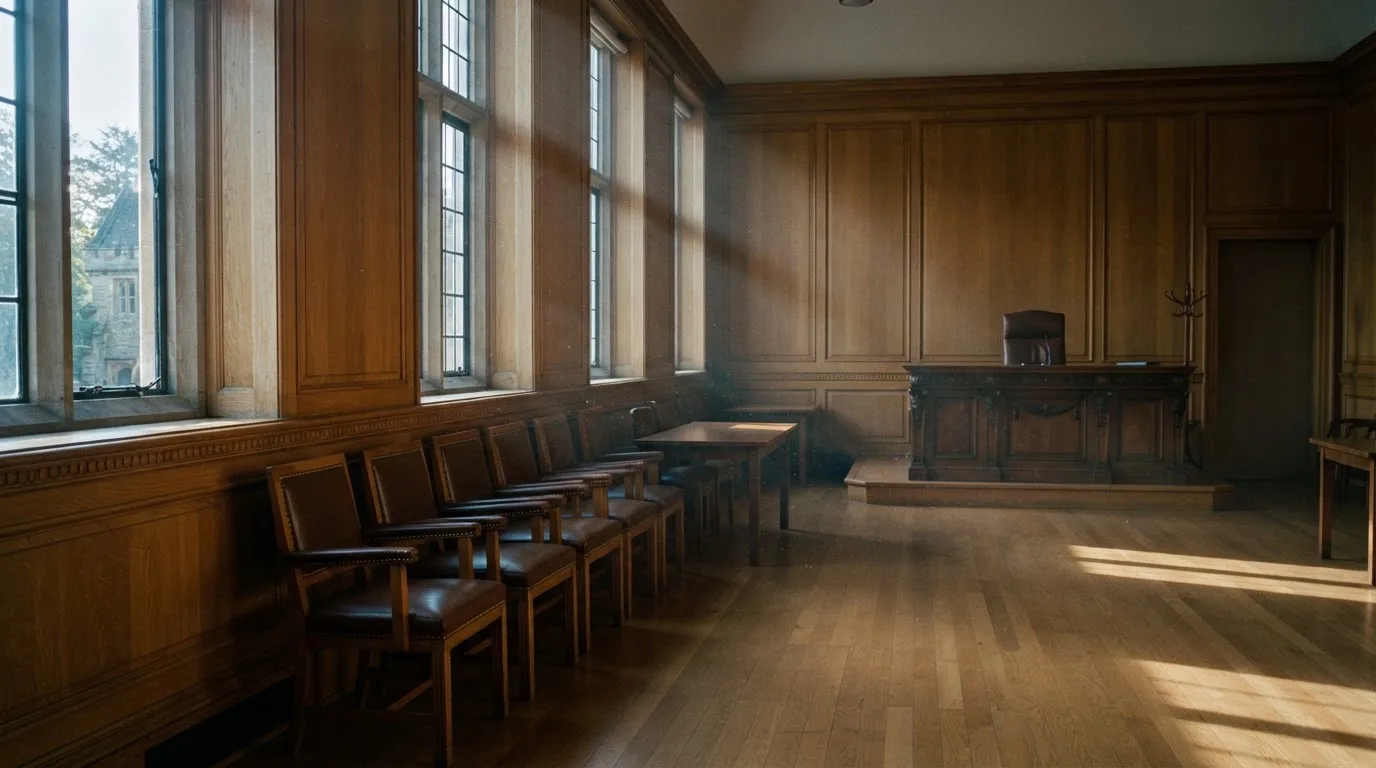 Sala de tribunal vazia com painéis de madeira, à luz da manhã — roleta virtual em portugal
