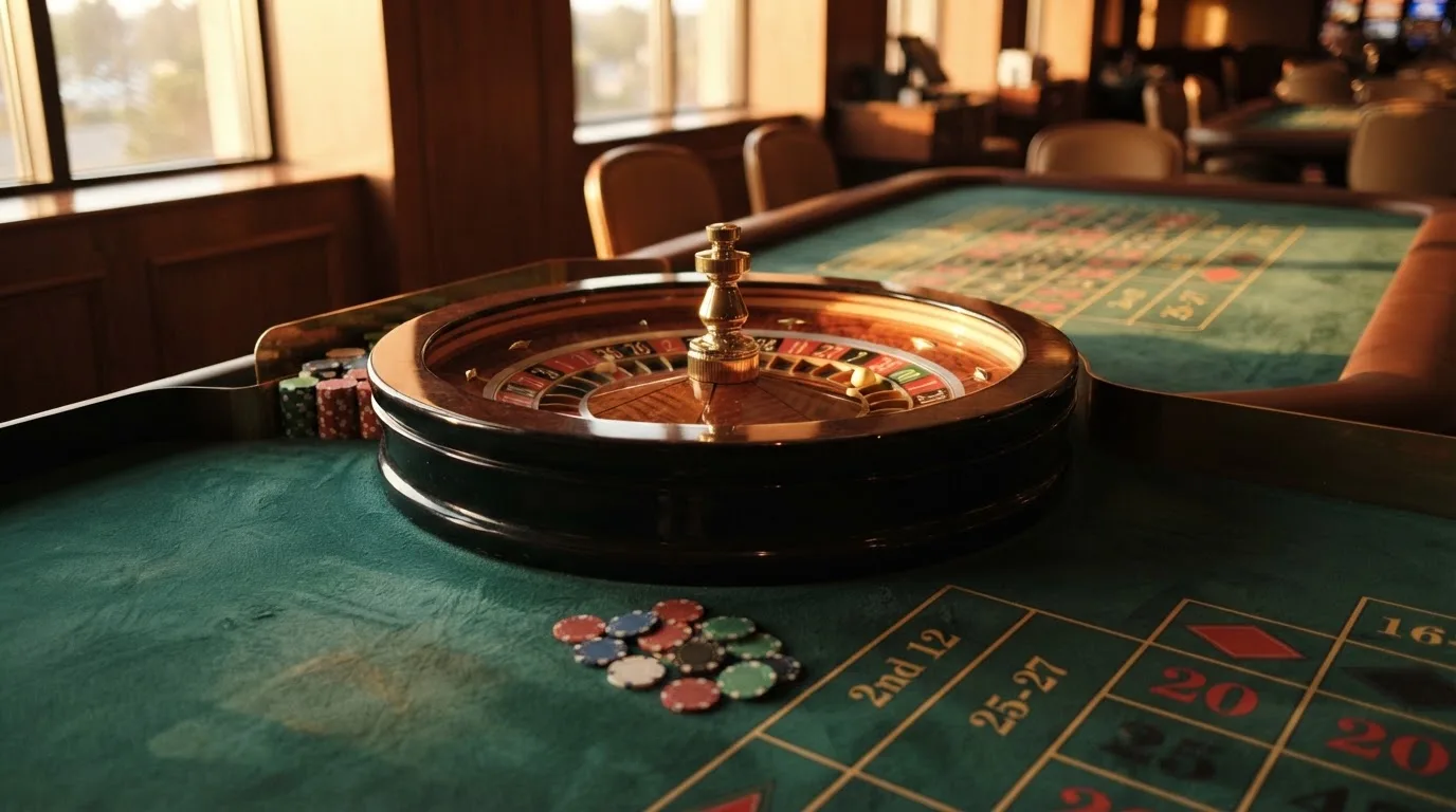 Roda de roleta e fichas sobre feltro verde, sob uma luz quente de fim de tarde — sites de casino para os portugueses