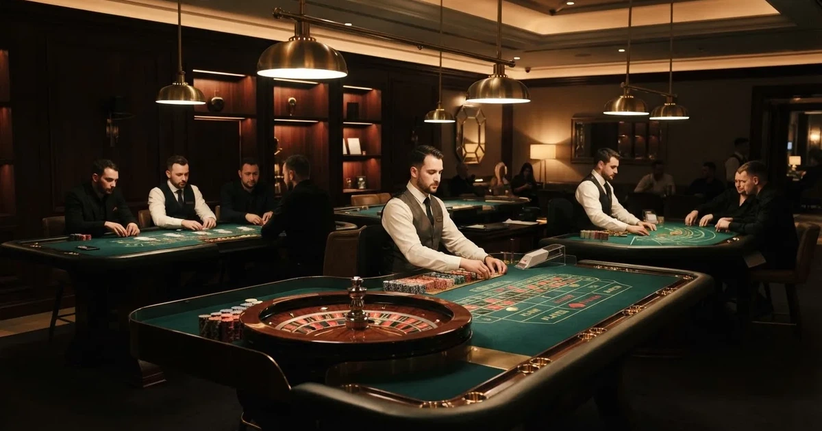 Três mesas de jogo diferentes lado a lado numa sala calma e calorosamente iluminada — sites de casino para os portugueses