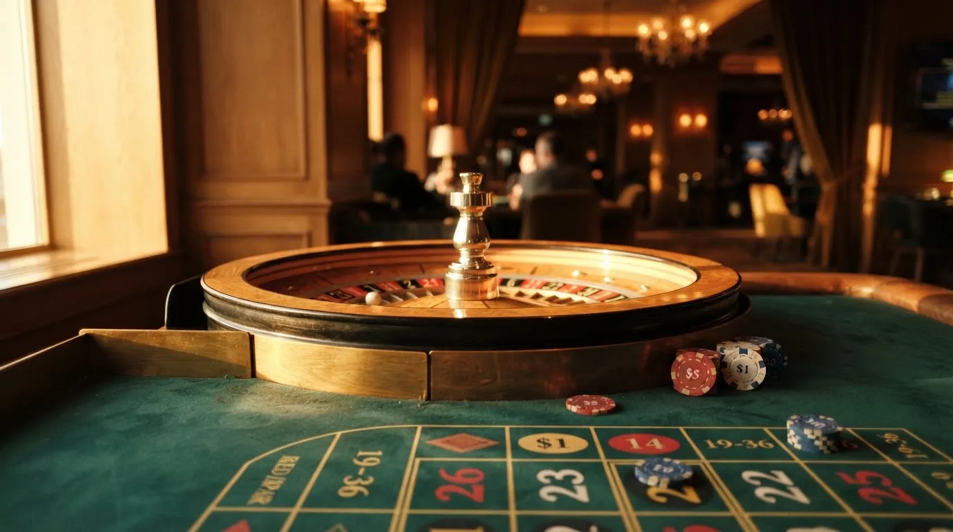 Roda de roleta e fichas sobre feltro verde, sob uma luz quente de fim de tarde — slot machines em portugal