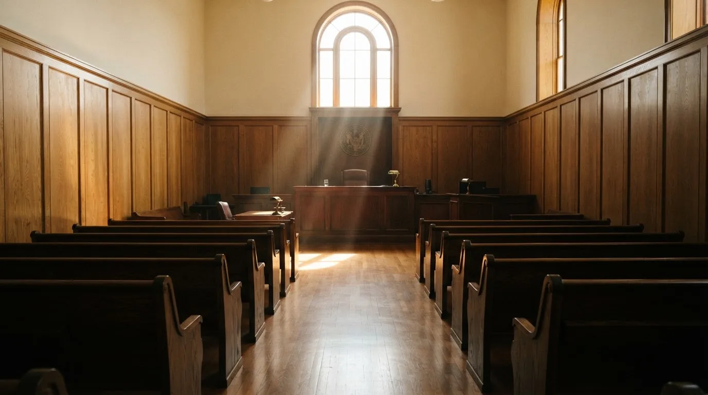 Sala de tribunal vazia com painéis de madeira, à luz da manhã — slots com bonus em portugal