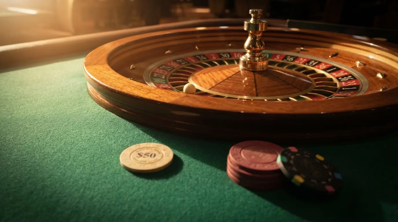Roda de roleta e fichas sobre feltro verde, sob uma luz quente de fim de tarde — slots com bonus em portugal