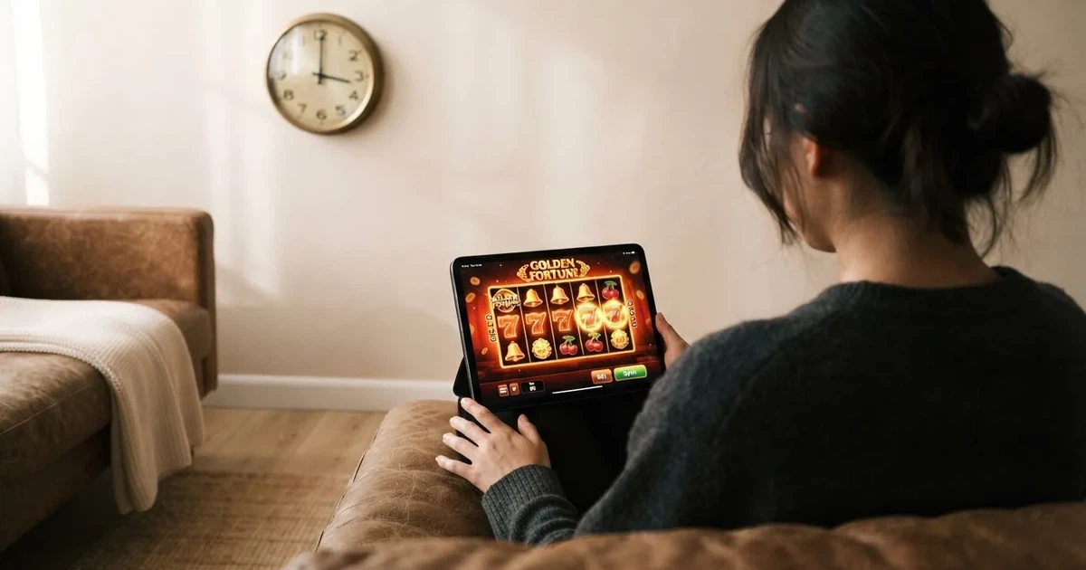 Pessoa num sofá a olhar pensativa para um tablet, com um relógio na parede atrás — slots com bonus em portugal