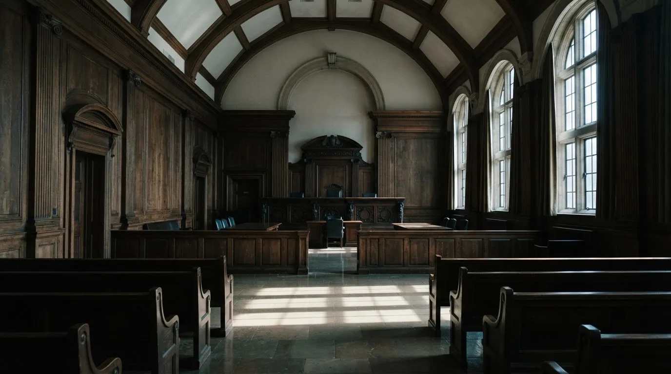 Sala de tribunal vazia com painéis de madeira, à luz da manhã — slots demo em portugal