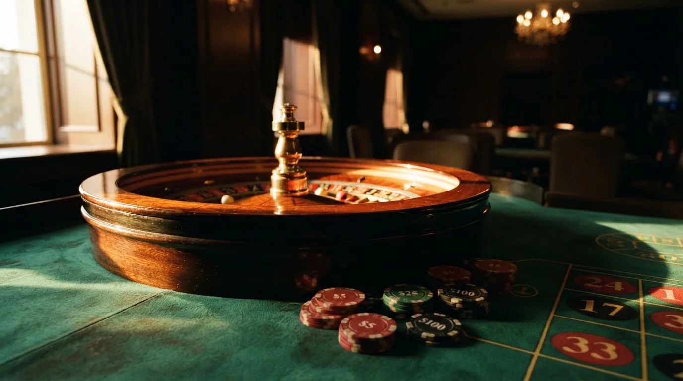 Roda de roleta e fichas sobre feltro verde, sob uma luz quente de fim de tarde — slots demo em portugal