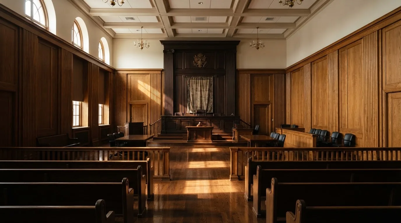 Sala de tribunal vazia com painéis de madeira, à luz da manhã — slots grátis em portugal