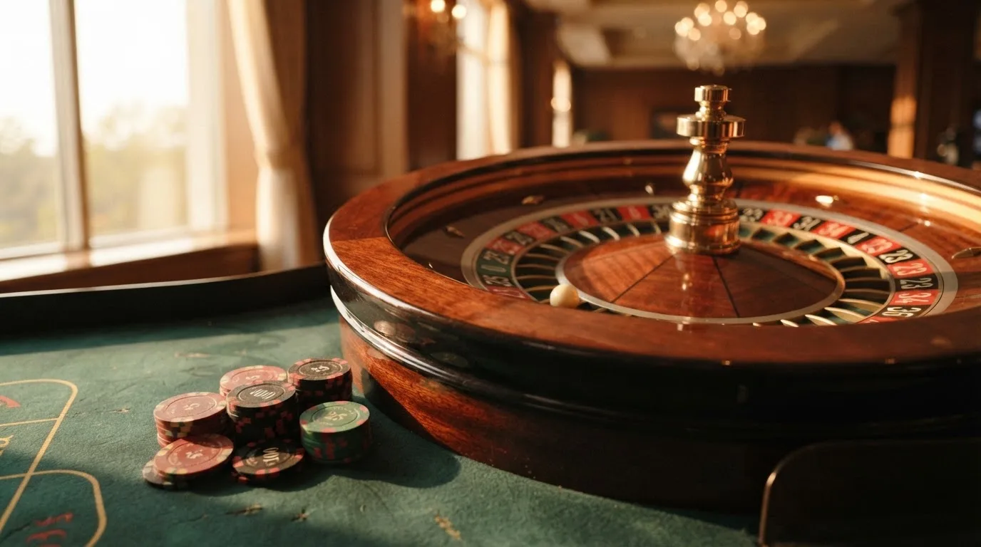 Roda de roleta e fichas sobre feltro verde, sob uma luz quente de fim de tarde — slots grátis em portugal