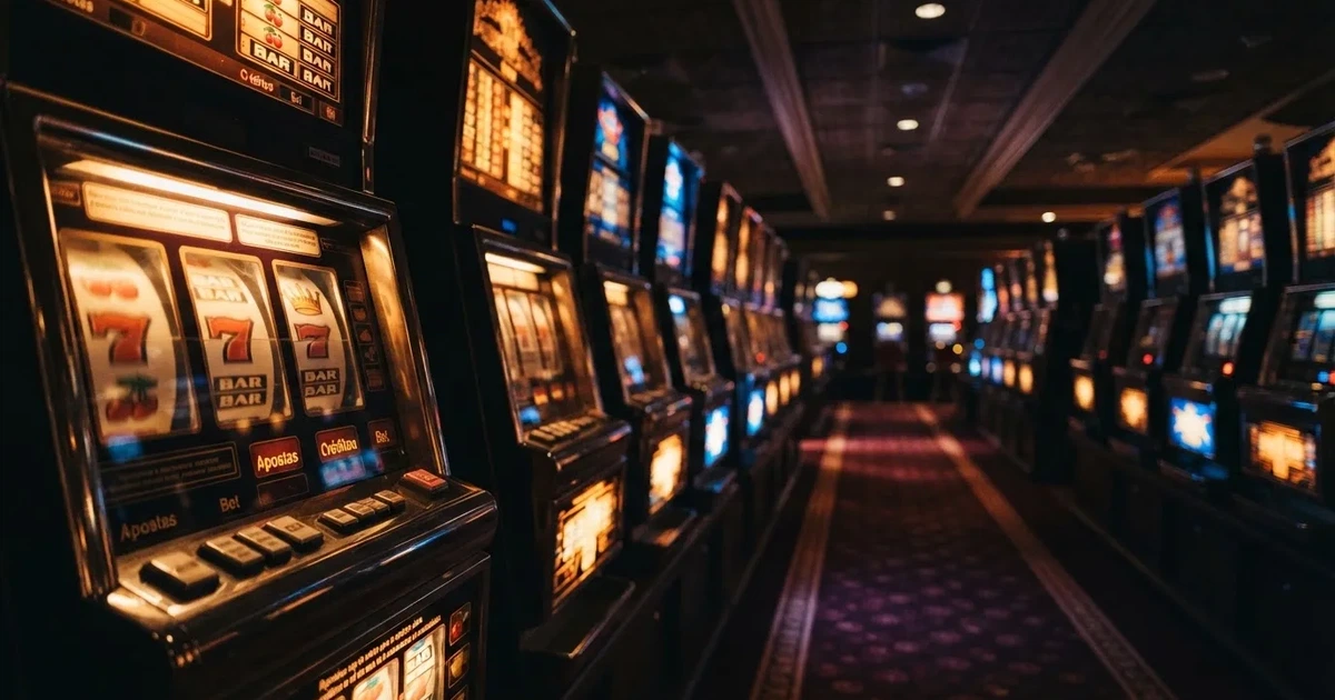 Fila de máquinas de slots num casino em Portugal vistas de lado, com rolos iluminados e carpete escura, sem pessoas, fotografia de interior.