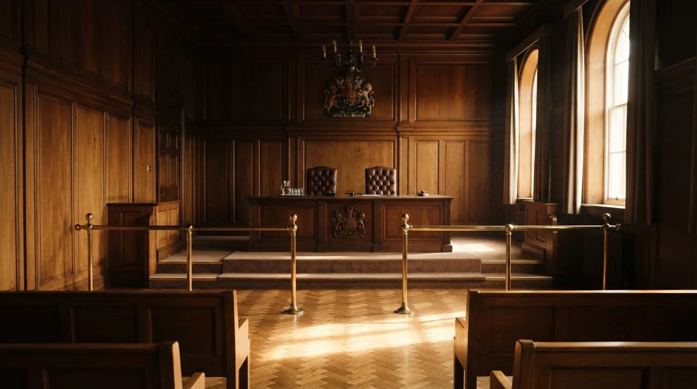 Sala de tribunal vazia com painéis de madeira, à luz da manhã — slots por dinheiro em portugal