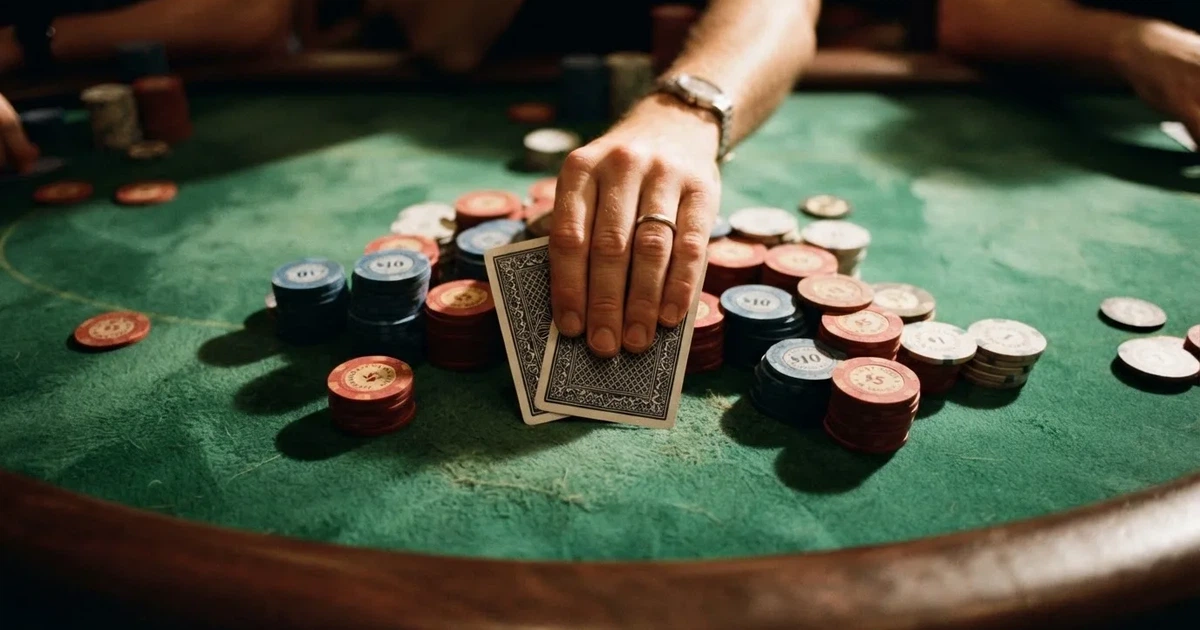 Mesa de jogo iluminada com cartas, vista de cima — slots por dinheiro em portugal