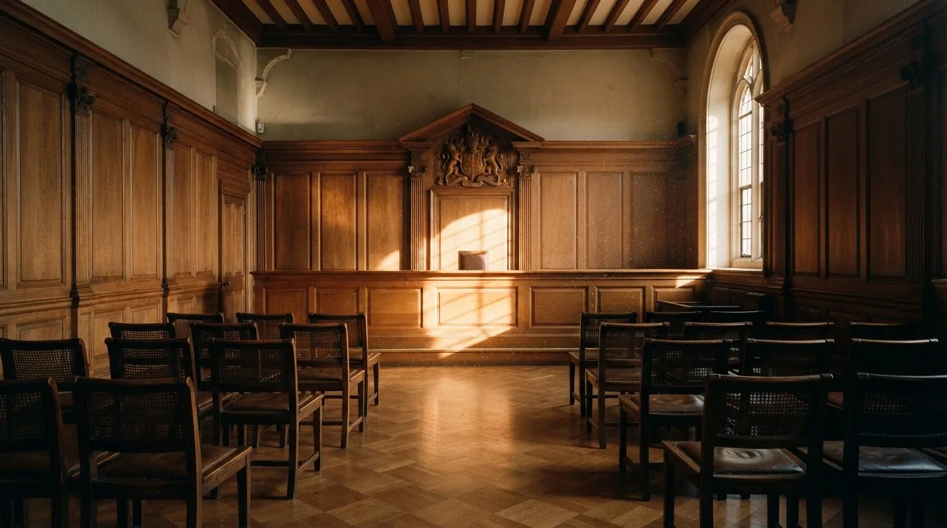 Sala de tribunal vazia com painéis de madeira, à luz da manhã — tabelas de blackjack em portugal