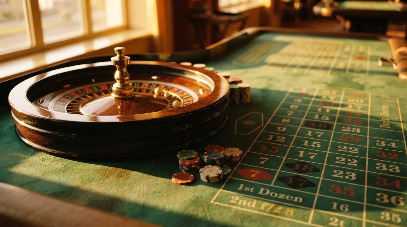Roda de roleta e fichas sobre feltro verde, sob uma luz quente de fim de tarde — tabelas de blackjack em portugal
