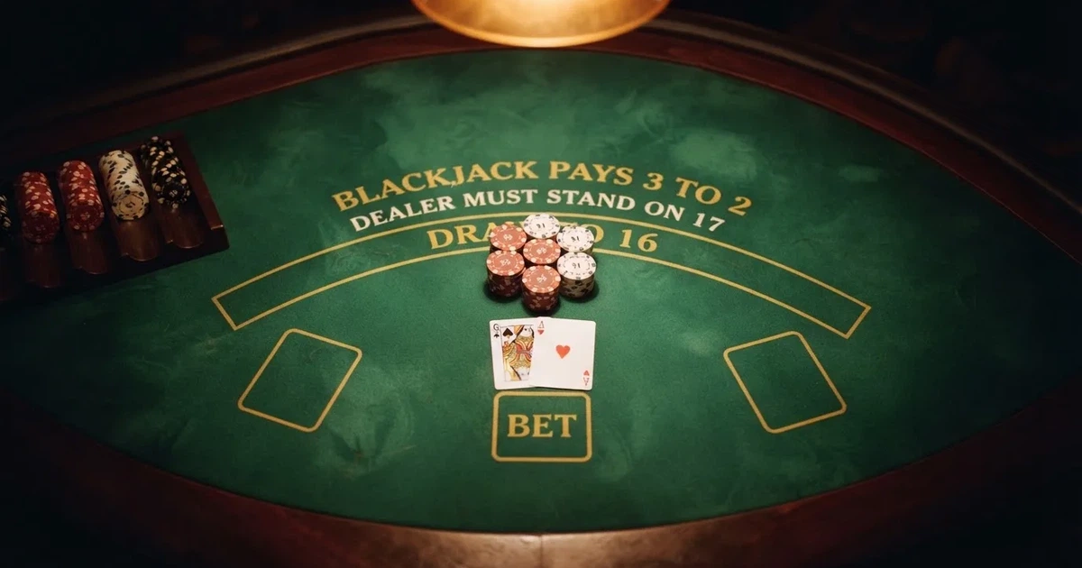 Mesa de jogo iluminada com cartas, vista de cima — tabelas de blackjack em portugal