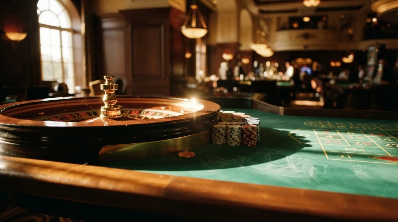 Roda de roleta e fichas sobre feltro verde, sob uma luz quente de fim de tarde — top casinos em portugal