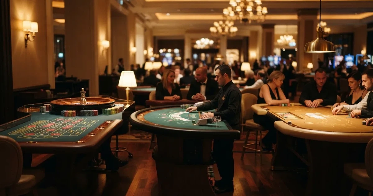 Três mesas de jogo diferentes lado a lado numa sala calma e calorosamente iluminada — top casinos em portugal