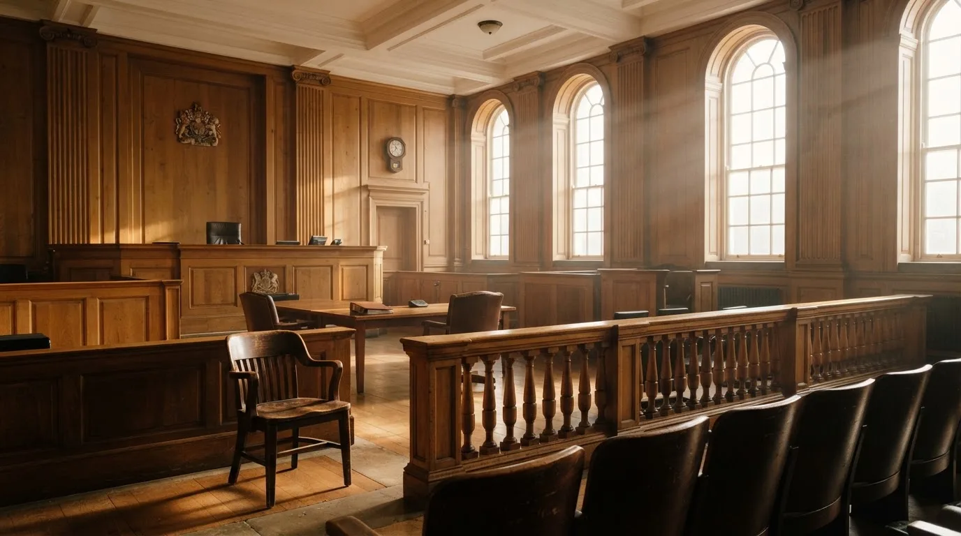 Sala de tribunal vazia com painéis de madeira, à luz da manhã — truques de casino em portugal