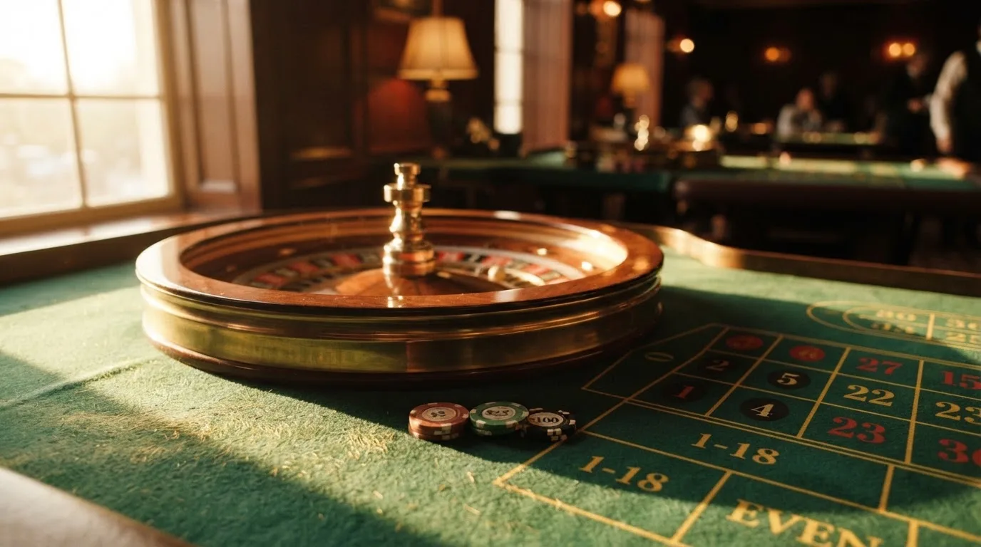 Roda de roleta e fichas sobre feltro verde, sob uma luz quente de fim de tarde — truques de casino em portugal
